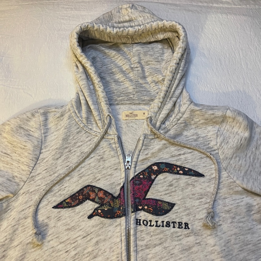 Hollister Girls Gray Marled Floral Logo Zip Up Hoodie Size M